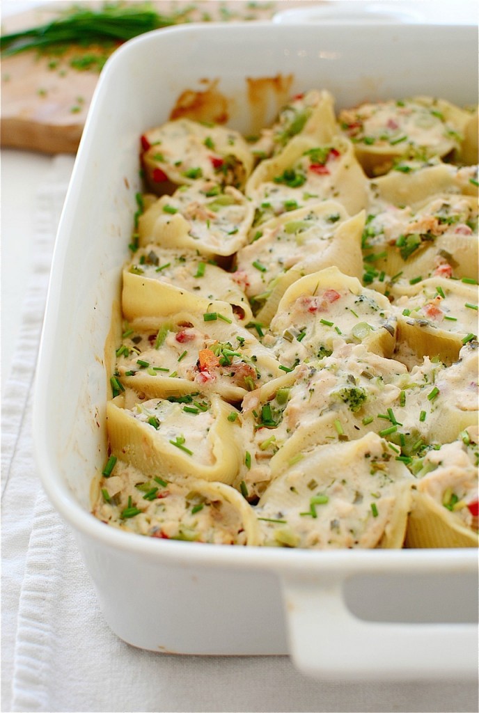 Chicken and Broccoli Stuffed Shells with a Creamy Chive Sauce / Bev Cooks