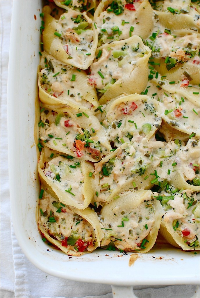 Chicken and Broccoli Stuffed Shells with a Creamy Chive Sauce / Bev Cooks