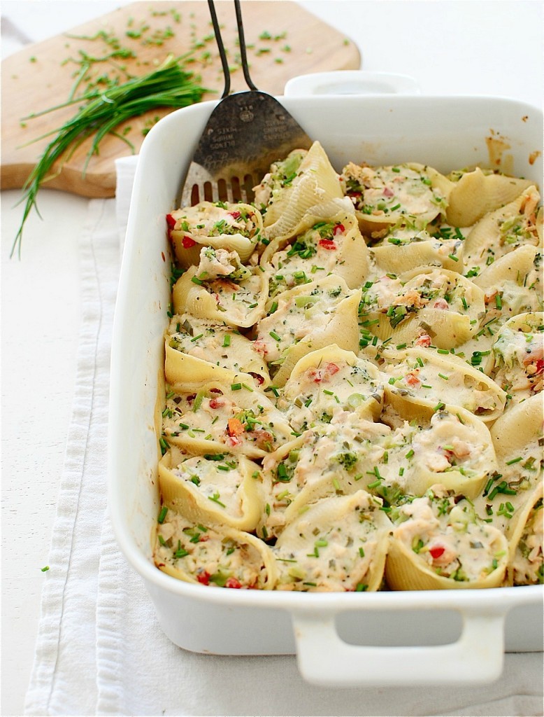 Chicken and Broccoli Stuffed Shells with a Creamy Chive Sauce / Bev Cooks