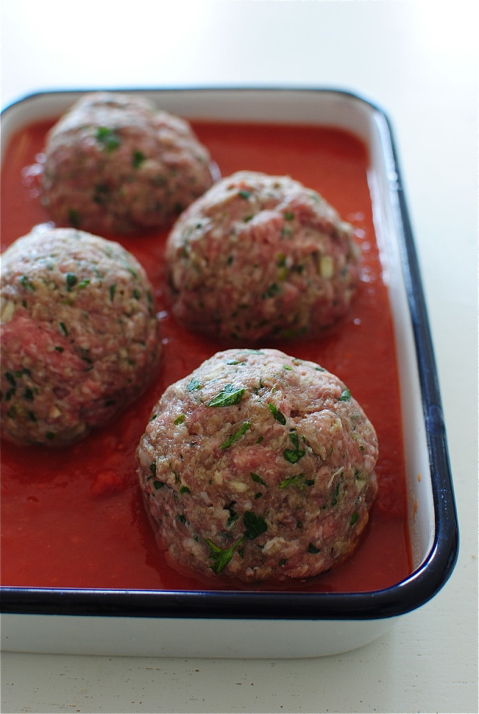 Giant Mozzarella-Stuffed Meatball and Pasta Bake / Bev Cooks