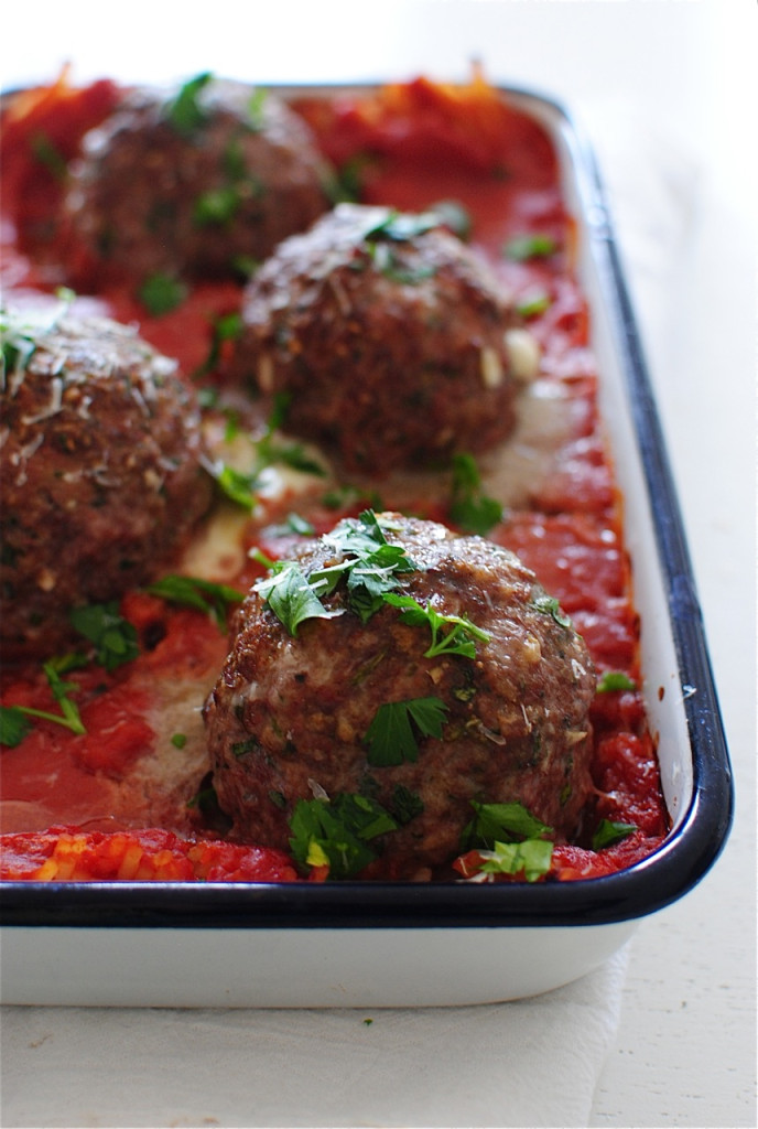 Giant Mozzarella-Stuffed Meatball and Pasta Bake / Bev Cooks