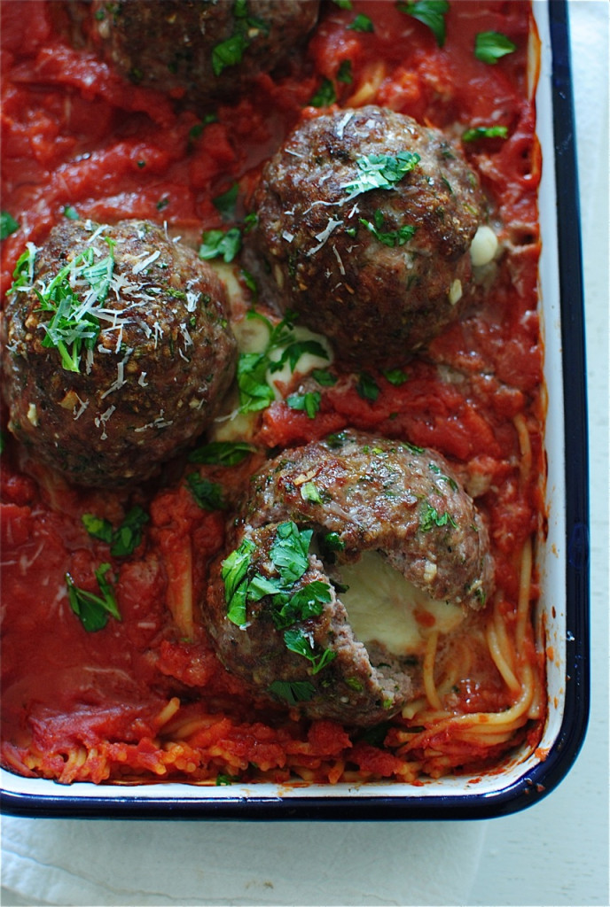 Giant Mozzarella-Stuffed Meatball and Pasta Bake / Bev Cooks