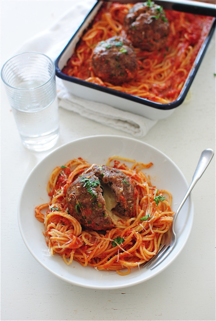 Giant Mozzarella-Stuffed Meatball and Pasta Bake / Bev Cooks