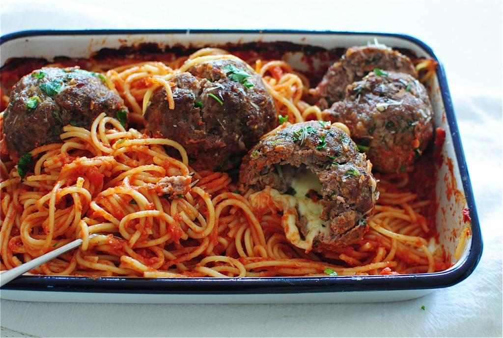 Giant Mozzarella-Stuffed Meatball and Pasta Bake / Bev Cooks