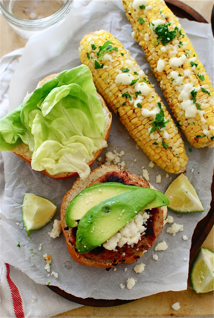 Sun-dried Tomato Turkey Burgers with Roasted Queso Corn / Bev Cooks