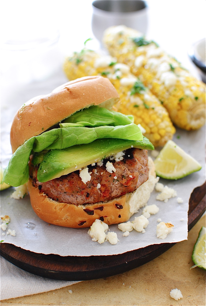 Sun-dried Tomato Turkey Burgers with Roasted Queso Corn - Bev Cooks