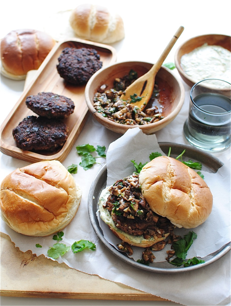 Asian Beef Burgers with a Shiitake Sauté / Bev Cooks