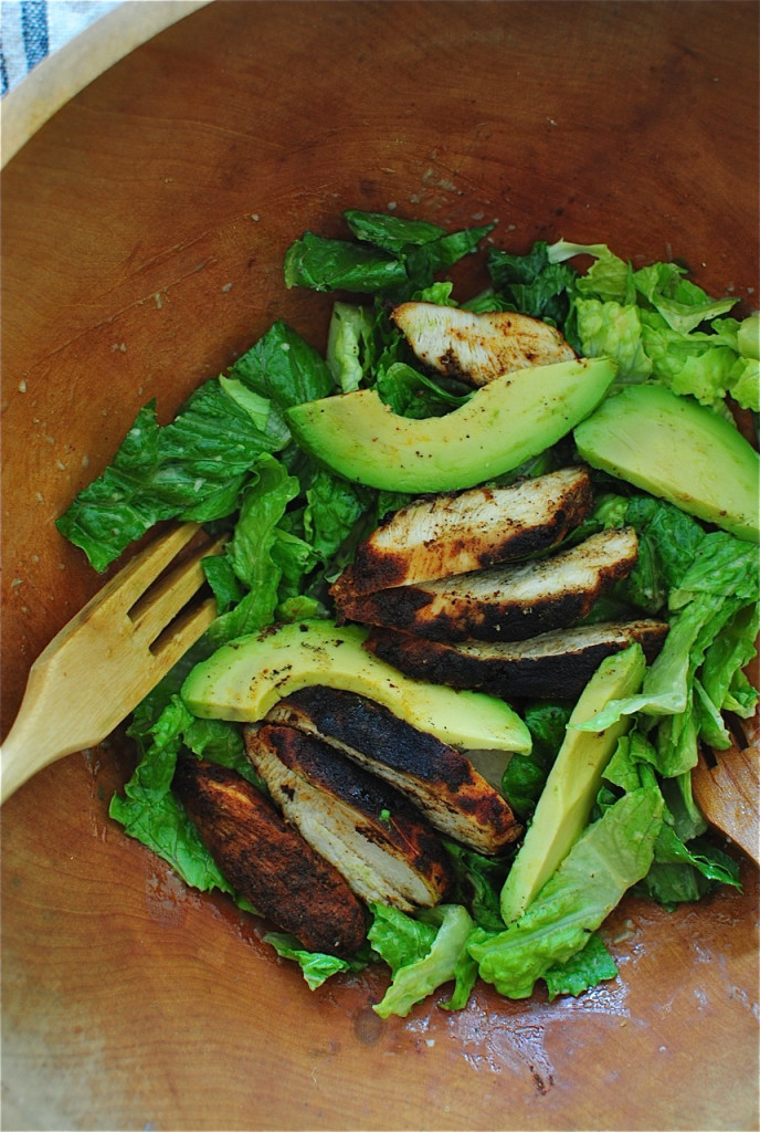 Blackened Chicken Caesar Salads with Avocado / Bev Cooks