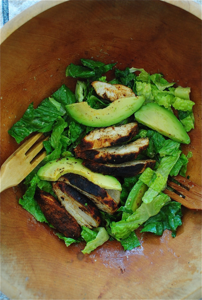 Blackened Chicken Caesar Salads with Avocado / Bev Cooks