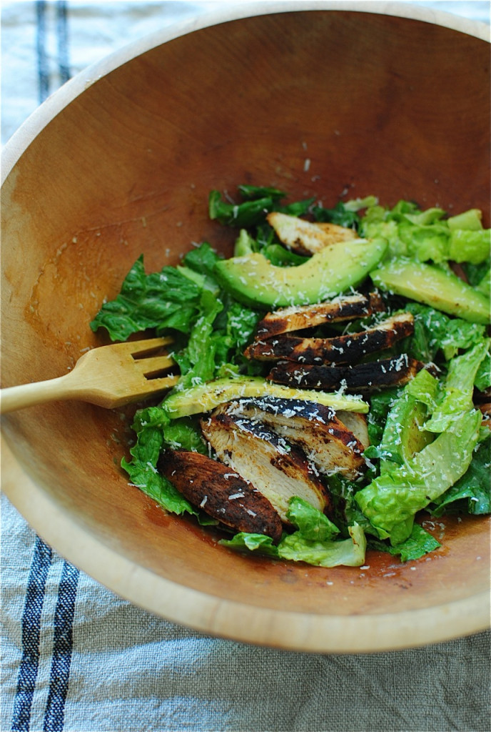 Blackened Chicken Caesar Salads with Avocado / Bev Cooks