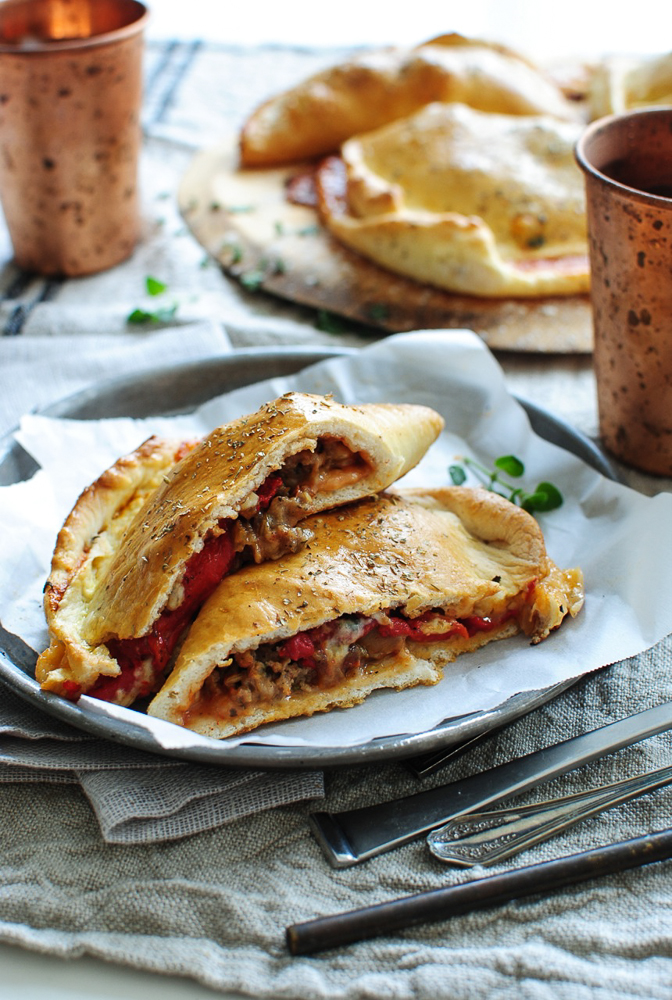 Italian Sausage and Roasted Red Pepper Calzones / Bev Cooks