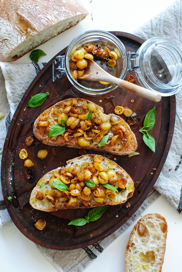 Slow-roasted Golden Tomato Bruschetta - Bev Cooks