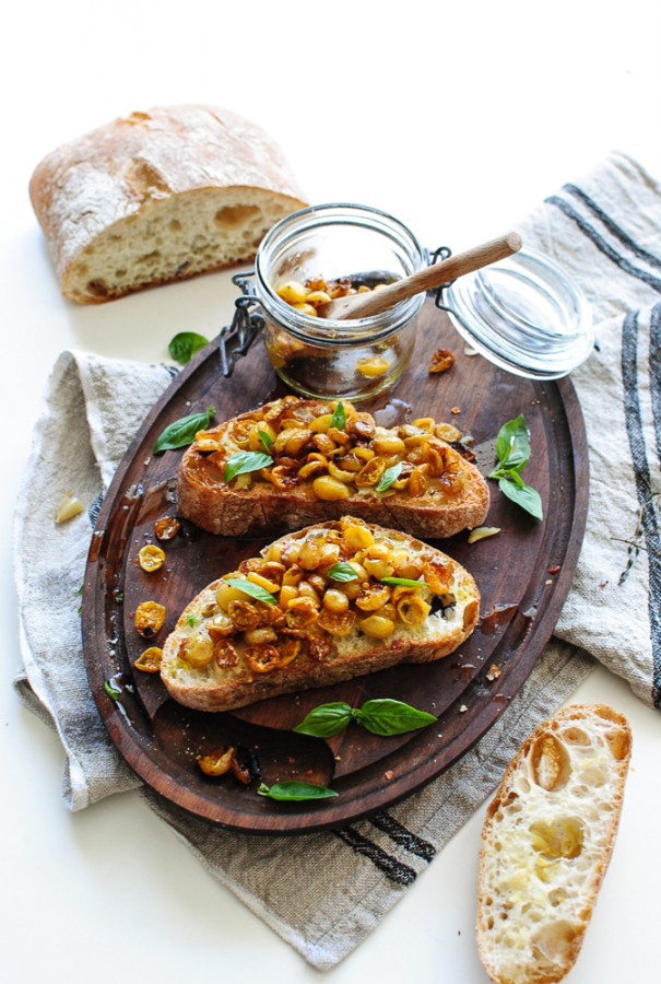 Slow-Roasted Golden Tomato Bruschetta - Bev Cooks