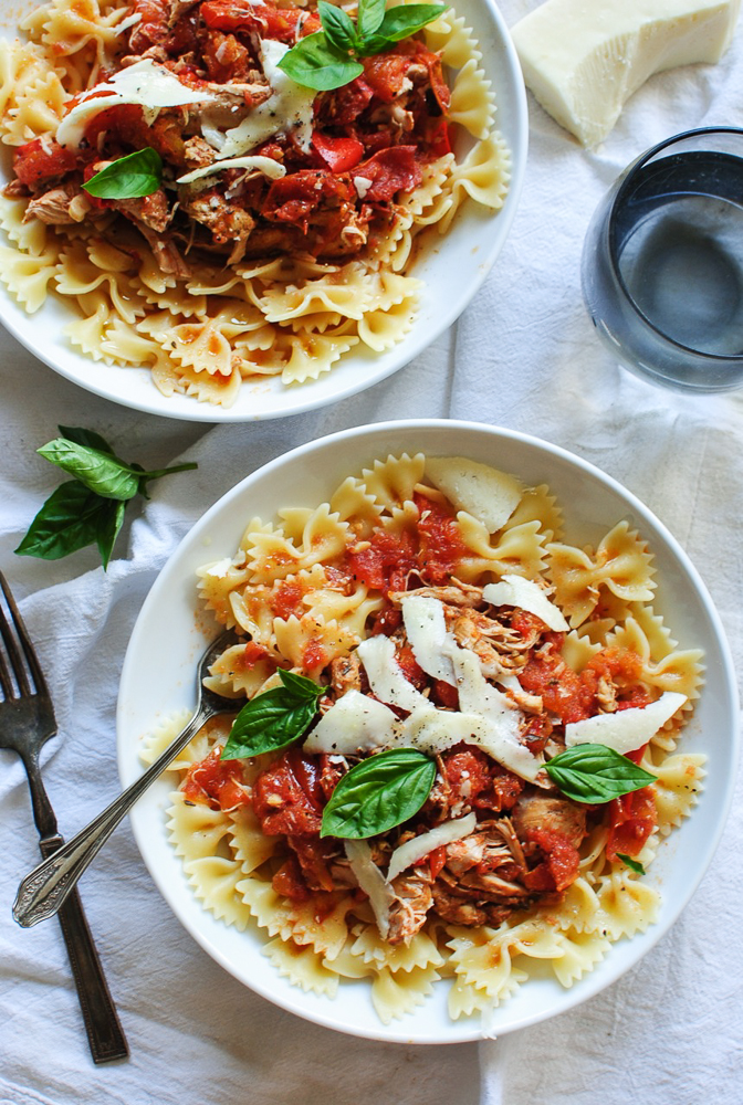 Slow Cooker Chicken and Tomatoes with Bow Tie Pasta / Bev Cooks