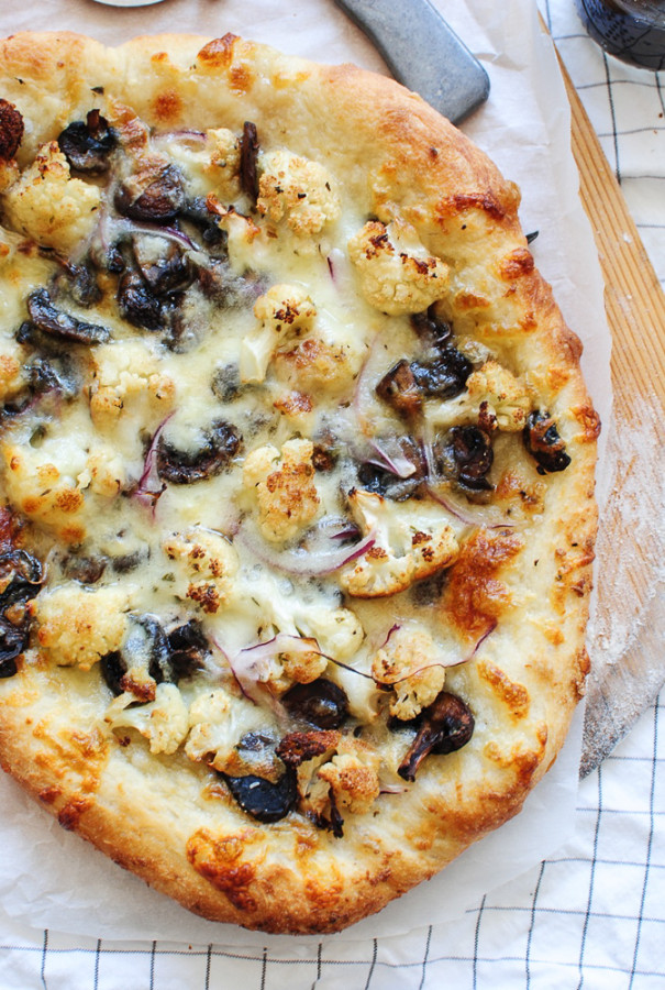 Roasted Cauliflower and Mushroom Pizza / Bev Cooks