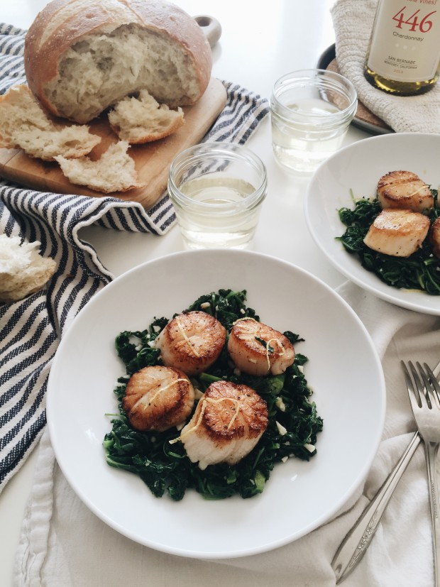 Seared Scallops with Winter Greens (Noble Vines Chardonnay pairing) / Bev Cooks
