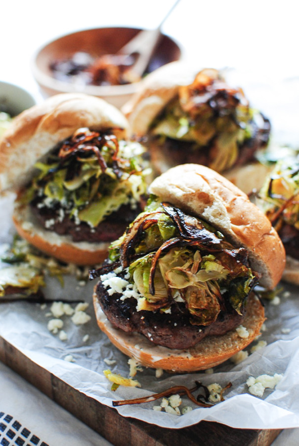 Grass-Fed Burgers with Roasted Brussels Sprouts and Crispy Shallots / Bev Cooks