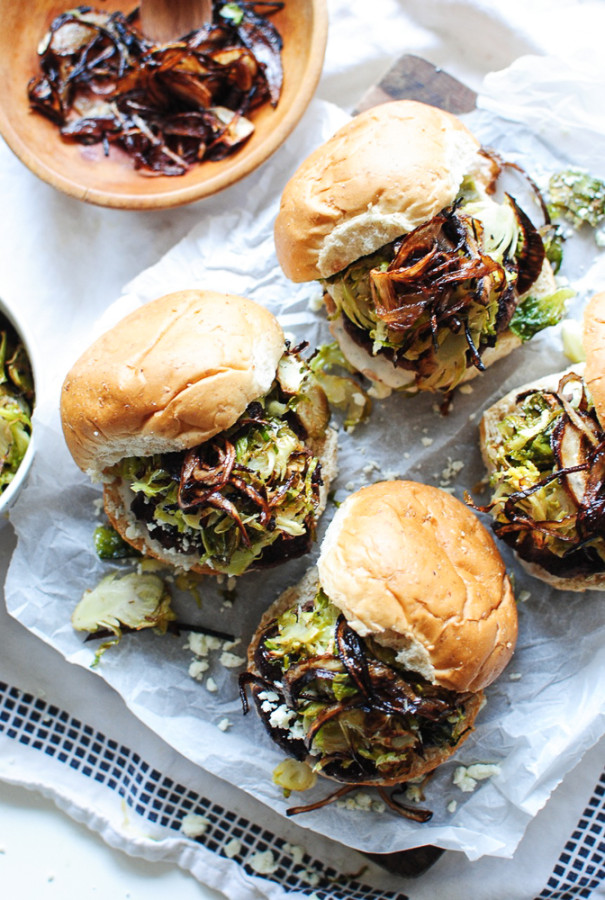 Grass-Fed Burgers with Roasted Brussels Sprouts and Crispy Shallots / Bev Cooks