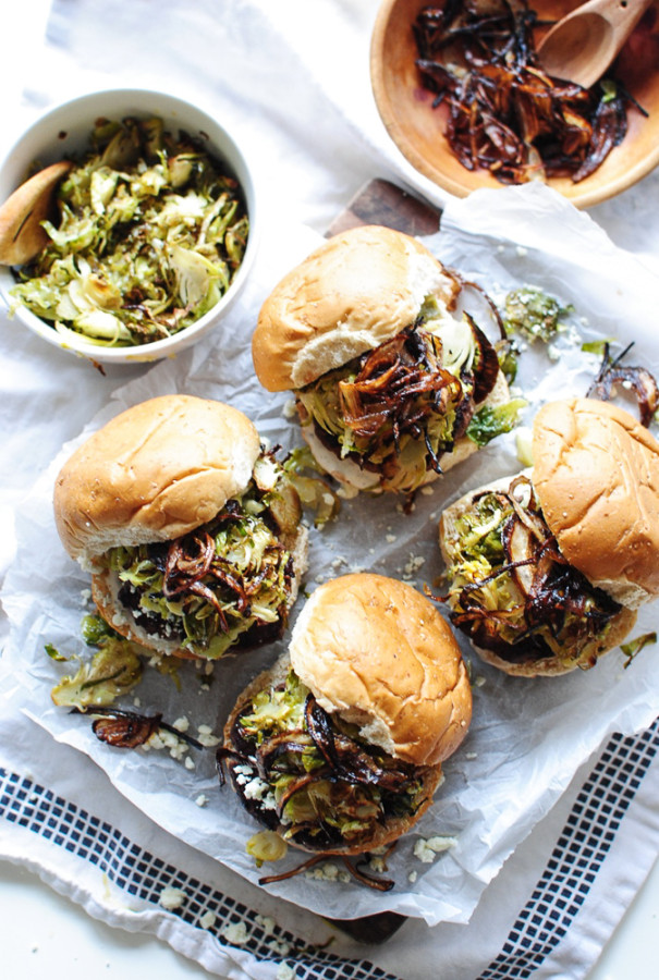 Grass-Fed Burgers with Roasted Brussels Sprouts and Crispy Shallots / Bev Cooks