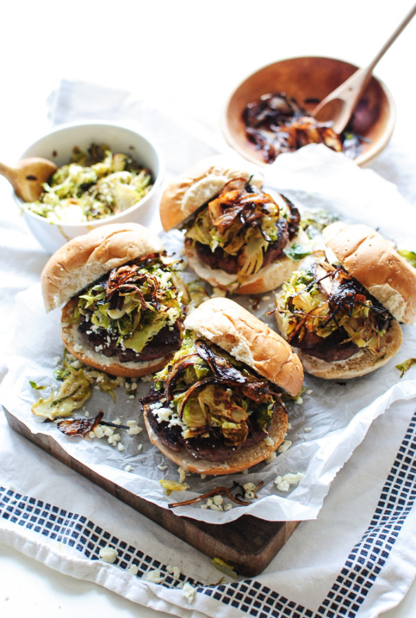 Grass-Fed Burgers with Roasted Brussels Sprouts and Crispy Shallots / Bev Cooks
