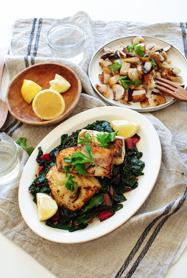 Seared Cod with Swiss Chard and Roasted Turnips / Bev Cooks