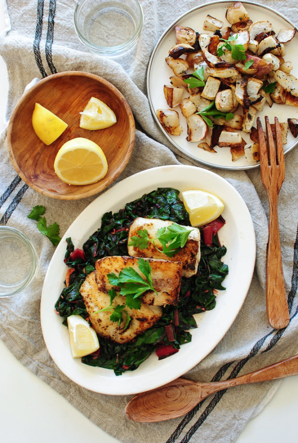 Seared Cod with Swiss Chard and Roasted Turnips / Bev Cooks