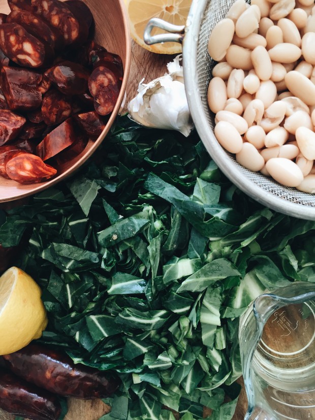 Spanish Chorizo with Collard Greens and White Beans / Bev Cooks