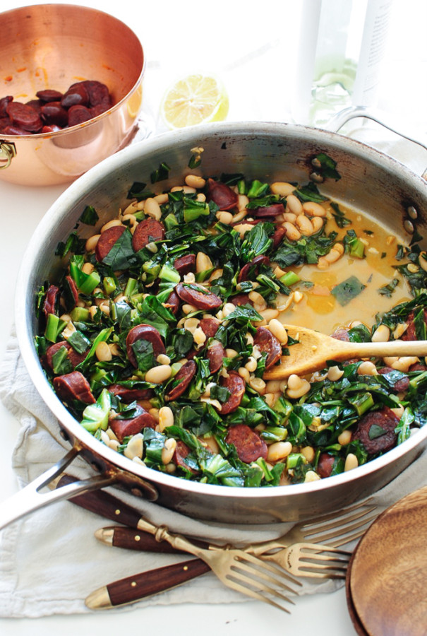 Spanish Chorizo with Collard Greens and White Beans / Bev Cooks