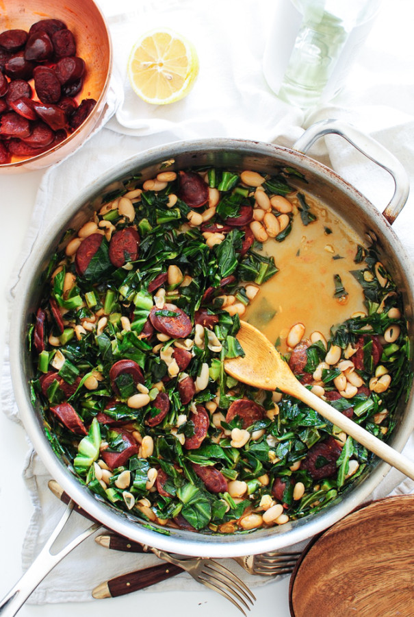 Spanish Chorizo with Collard Greens and White Beans / Bev Cooks