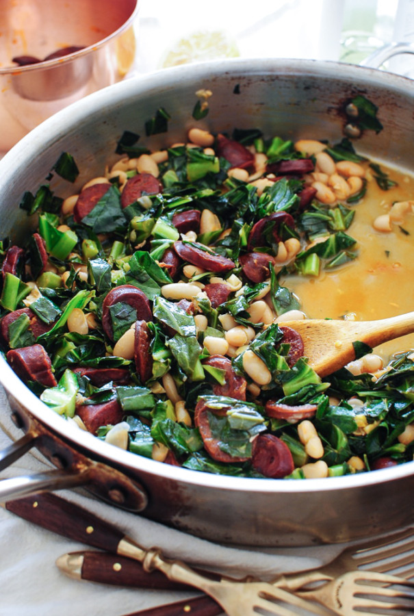 Spanish Chorizo with Collard Greens and White Beans / Bev Cooks