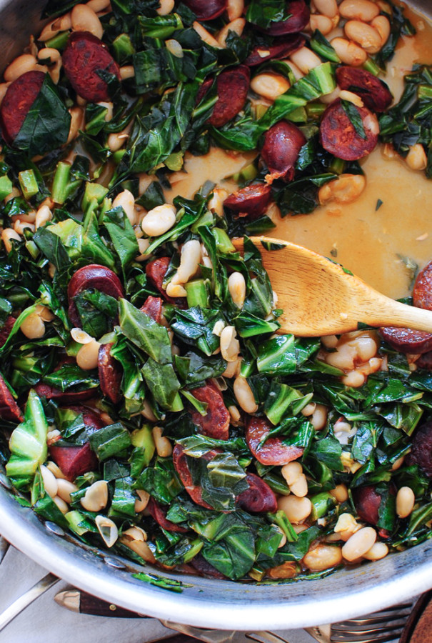 Spanish Chorizo with Collard Greens and White Beans / Bev Cooks