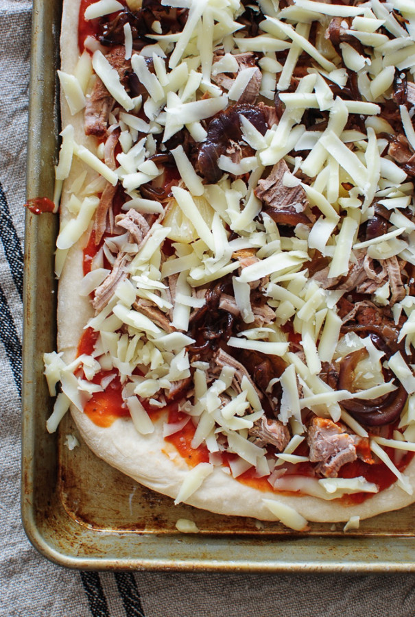 Pizza with Roasted Pork Tenderloin, Caramelized Onions and Pineapples / Bev Cooks