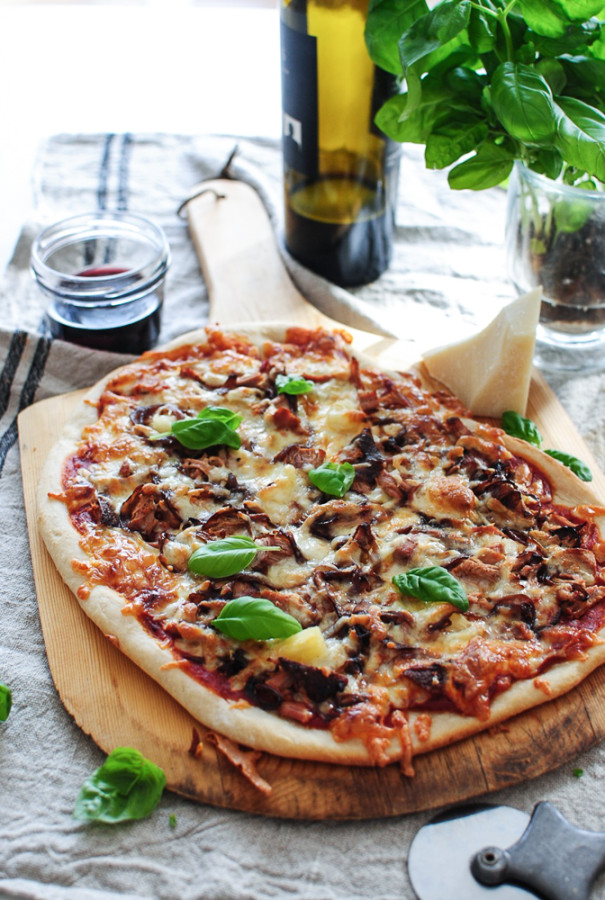 Pizza with Roasted Pork Tenderloin, Caramelized Onions and Pineapples / Bev Cooks