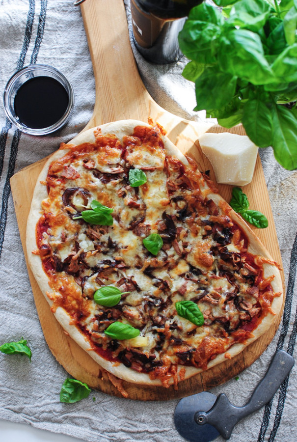 Pizza with Roasted Pork Tenderloin, Caramelized Onions and Pineapples / Bev Cooks