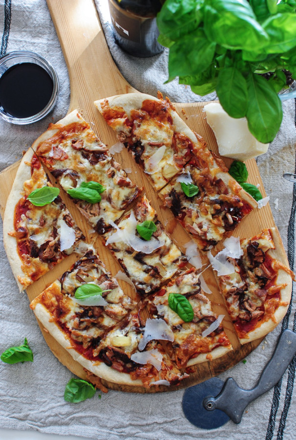 Pizza with Roasted Pork Tenderloin, Caramelized Onions and Pineapples / Bev Cooks