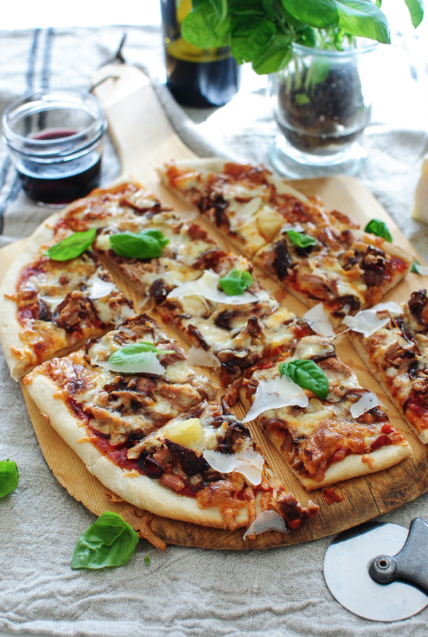 Pizza with Roasted Pork Tenderloin, Caramelized Onions and Pineapples / Bev Cooks