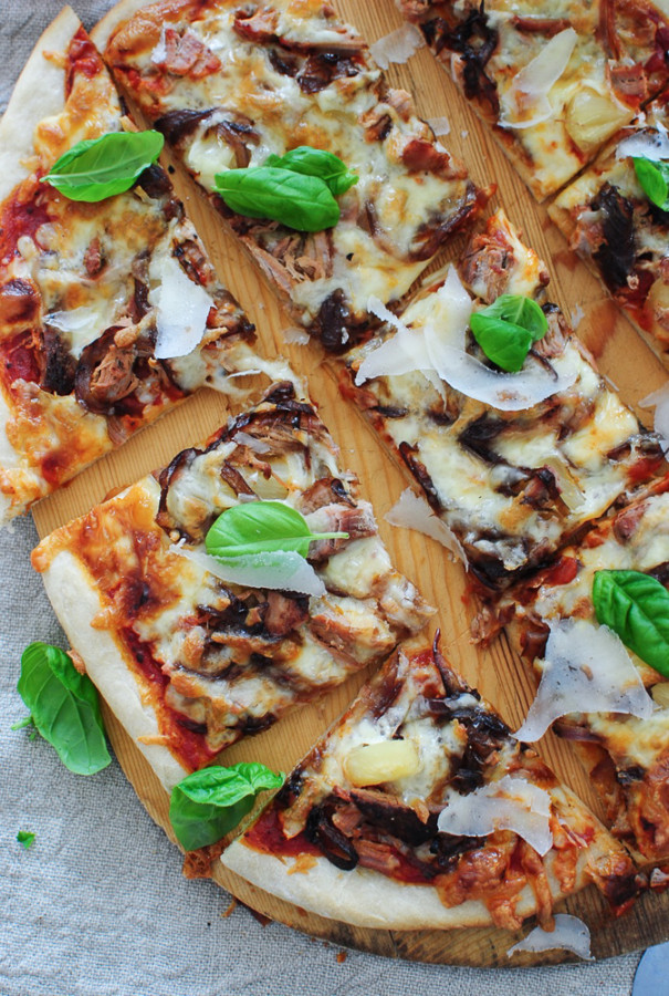 Pizza with Roasted Pork Tenderloin, Caramelized Onions and Pineapples / Bev Cooks