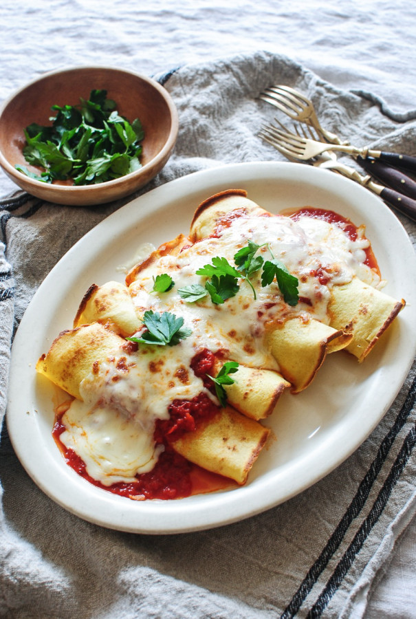 Spinach, Mushroom and Ricotta Crepes / Bev Cooks