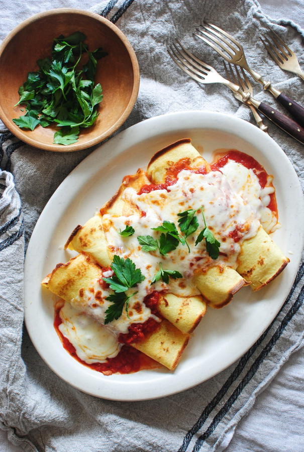 Spinach, Mushroom and Ricotta Crepes / Bev Cooks