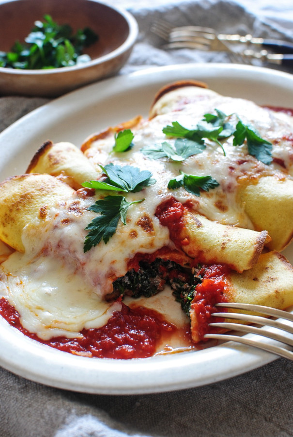 Spinach, Mushroom and Ricotta Crepes / Bev Cooks