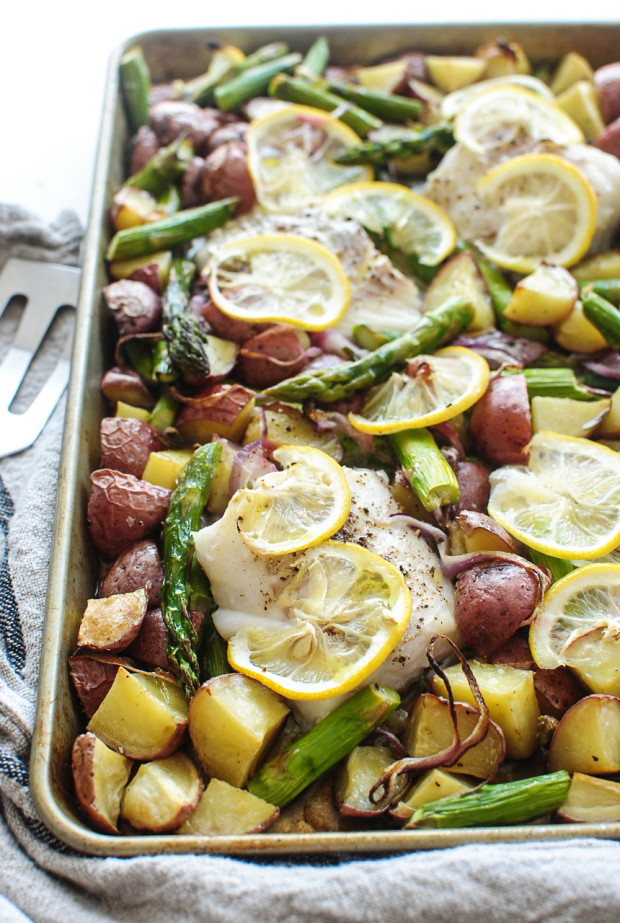 Baked Cod with Potatoes and Asparagus / Bev Cooks