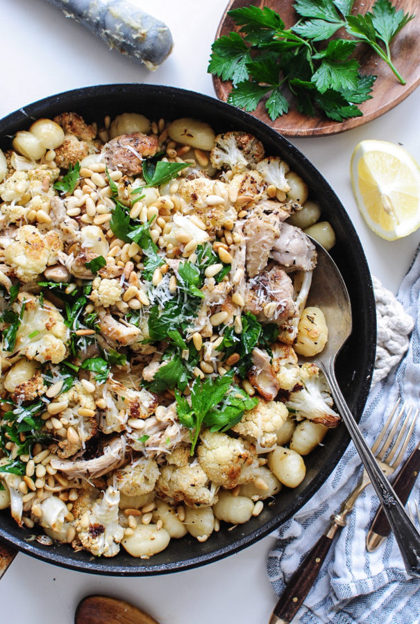 Gnocchi with Roasted Cauliflower, Garlic and Pan-Seared Chicken / Bev Cooks