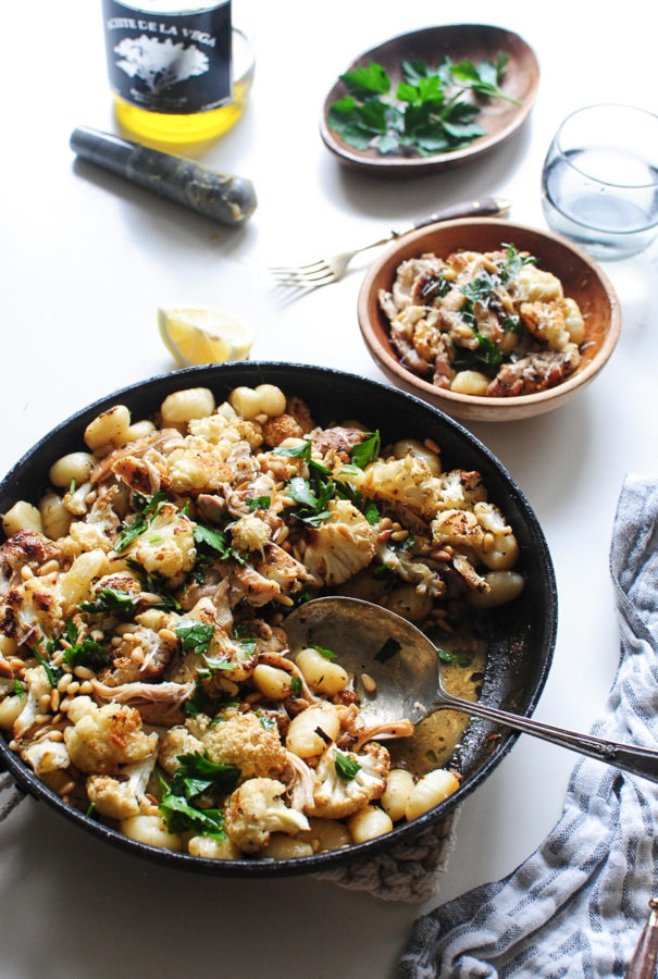 Gnocchi with Roasted Cauliflower, Garlic and Pan-Seared Chicken / Bev Cooks