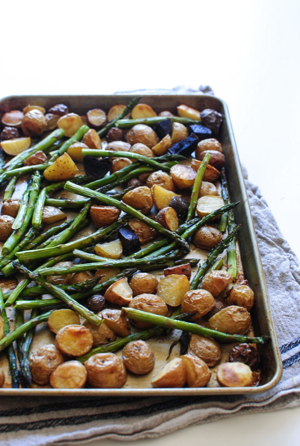 Broiled Pollock with Lemon Parsley Pesto, Roasted Potatoes and Asparagus / Bev Cooks