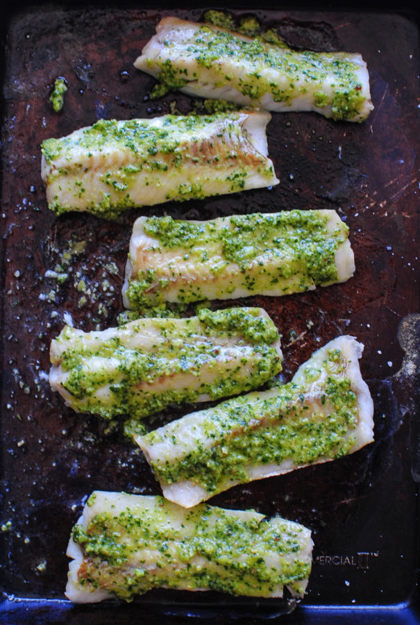 Broiled Pollock with Lemon Parsley Pesto, Roasted Potatoes and Asparagus / Bev Cooks