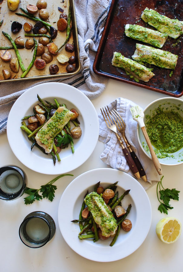 Broiled Pollock with Lemon Parsley Pesto, Roasted Potatoes and Asparagus / Bev Cooks