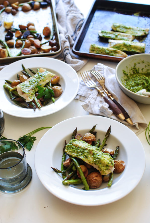 Broiled Pollock with Lemon Parsley Pesto, Roasted Potatoes and Asparagus / Bev Cooks