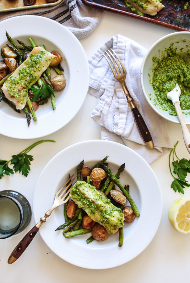 Broiled Pollock with Lemon Parsley Pesto, Roasted Potatoes and Asparagus / Bev Cooks