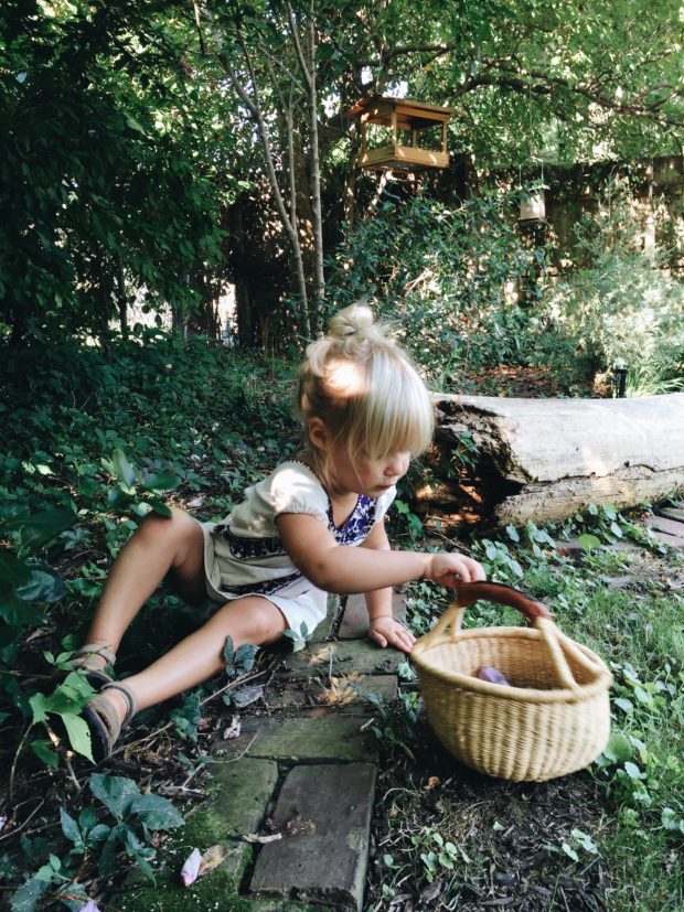 Nat picking up dead flowers. 