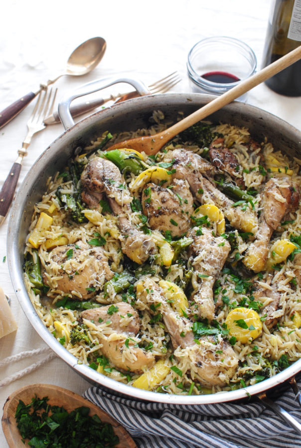 Skillet Chicken with Orzo and Veggies / Bev Cooks